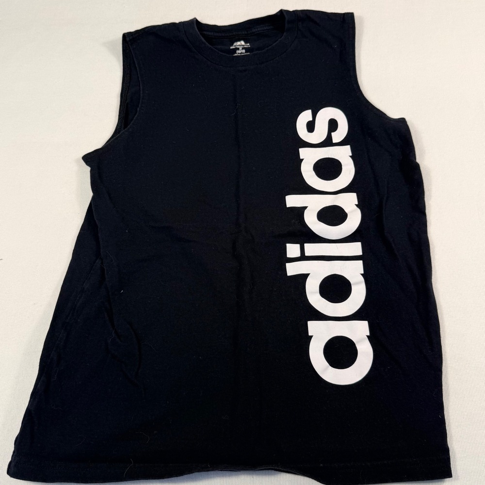 Adidas Muscle Tee Medium 10/12 Black Boys Vertical Logo Cotton Tank AA0516